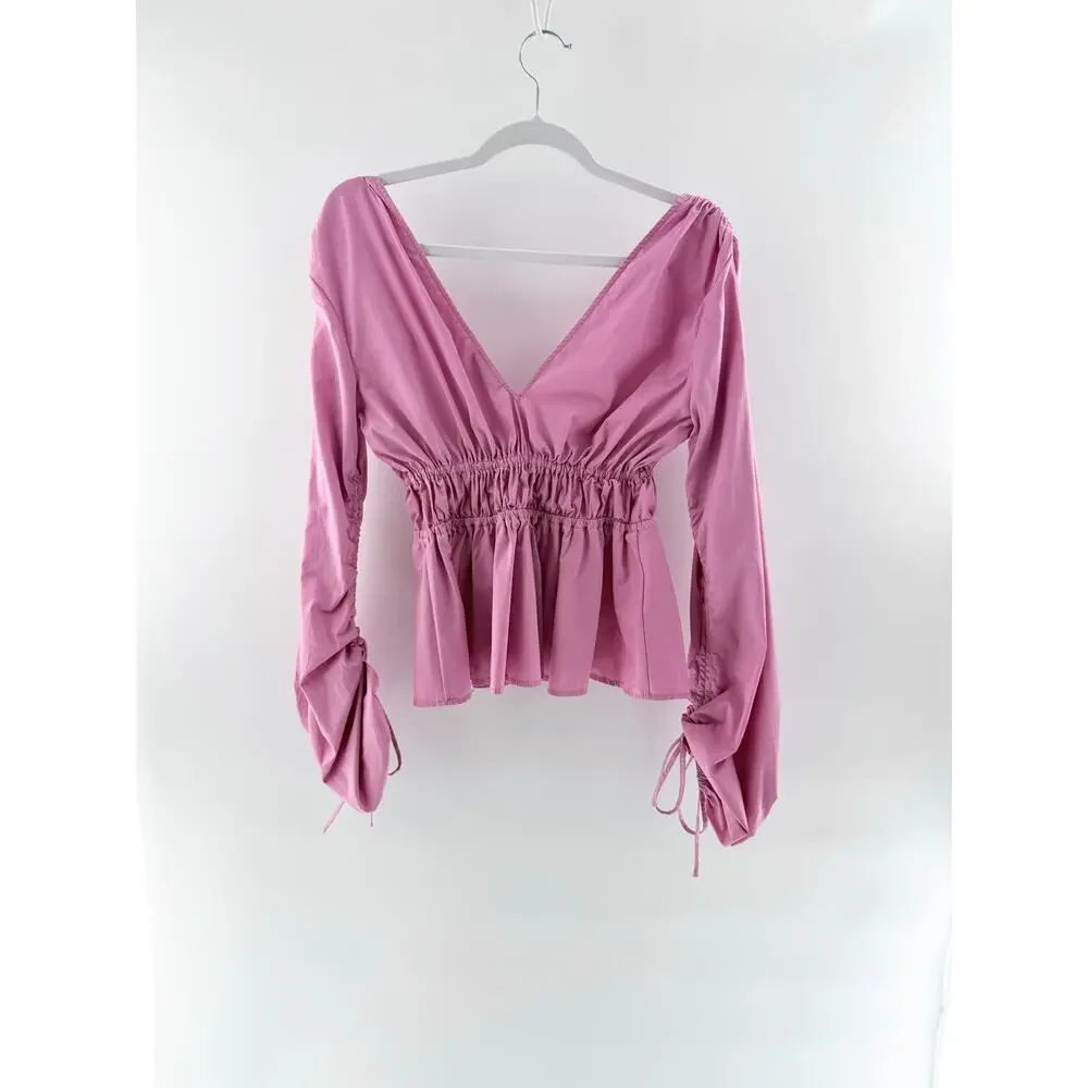 Staud Shelby Long Sleeve Plunging V-Neck Blouse Top Quartz Pink Women's XS